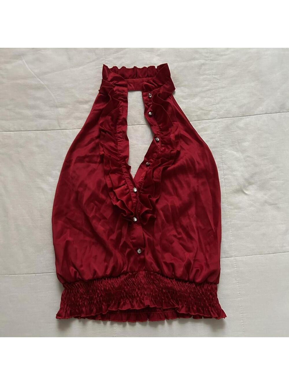 Sele Red Ruffle Halter High Neck Smocked Top Size M